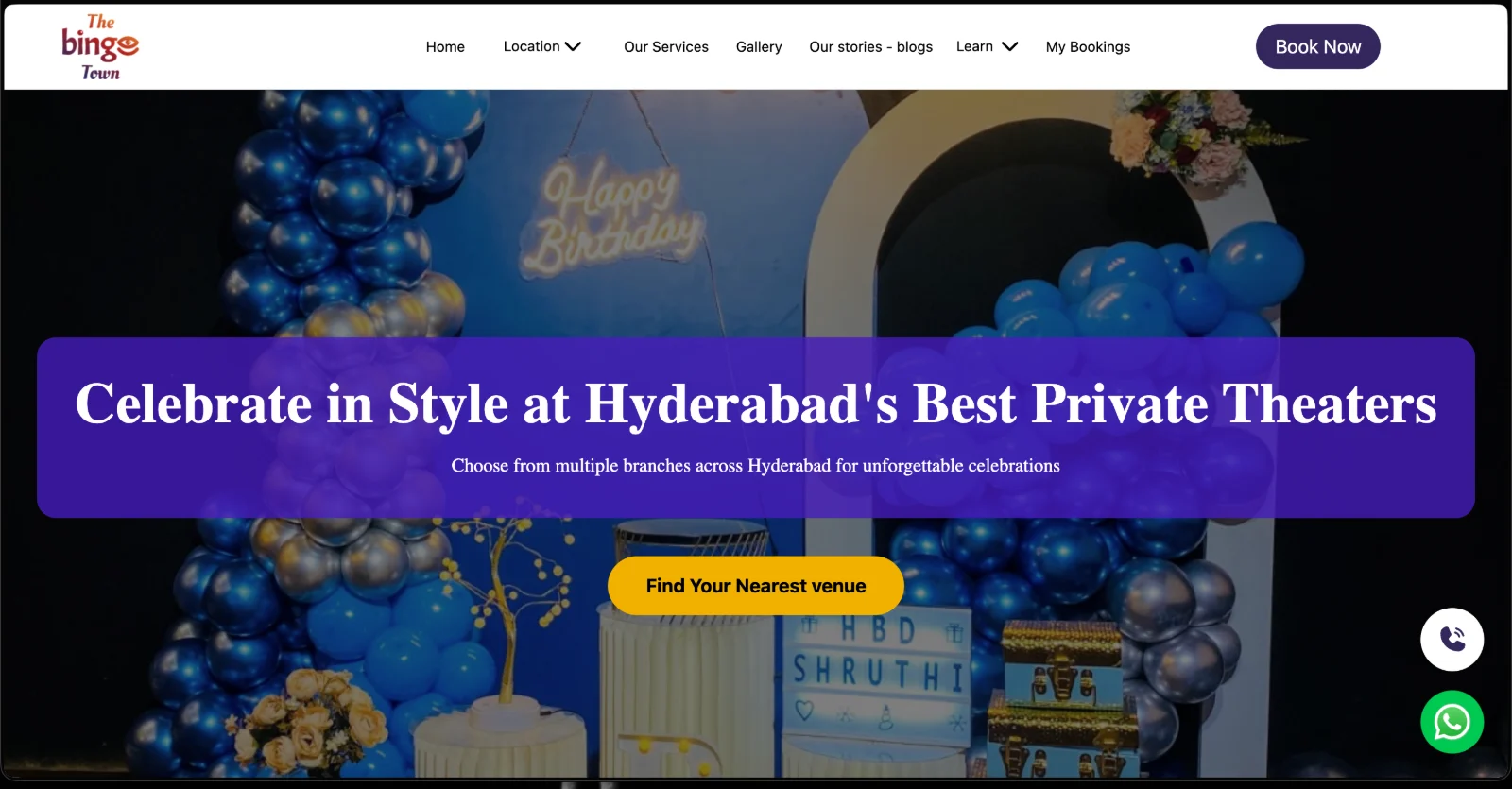 The Binge Town website hero — Hyderabad's private theatres