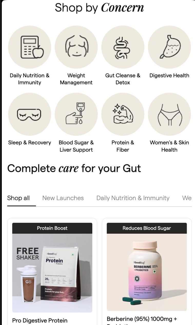 The Good Bug mobile Shop by Concern grid of eight circular illustrated icons in two rows, above a horizontally scrolling collection tab row and two-up product cards with black benefit banners