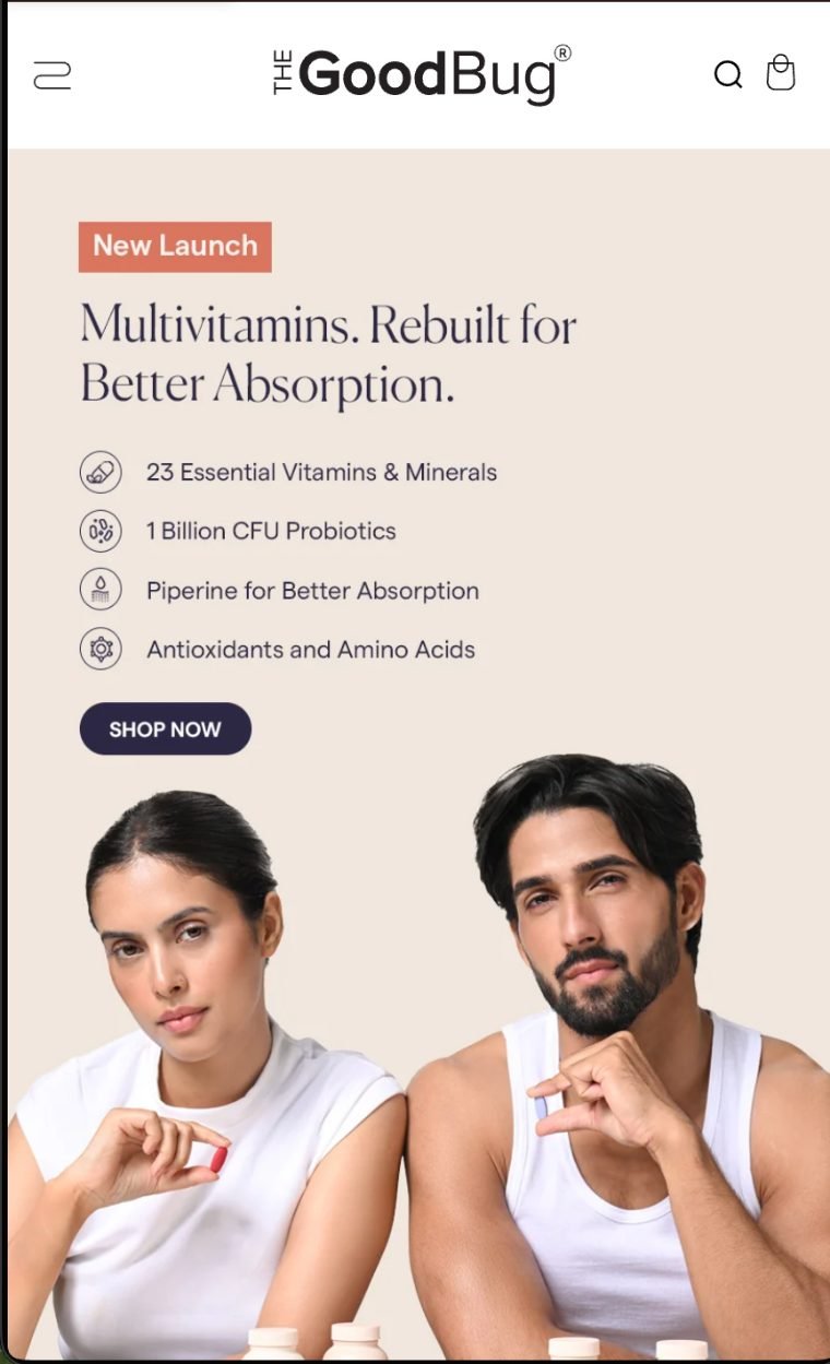 The Good Bug mobile homepage hero with a New Launch tag, the headline Multivitamins Rebuilt for Better Absorption, four icon-led benefit lines and a Shop Now button
