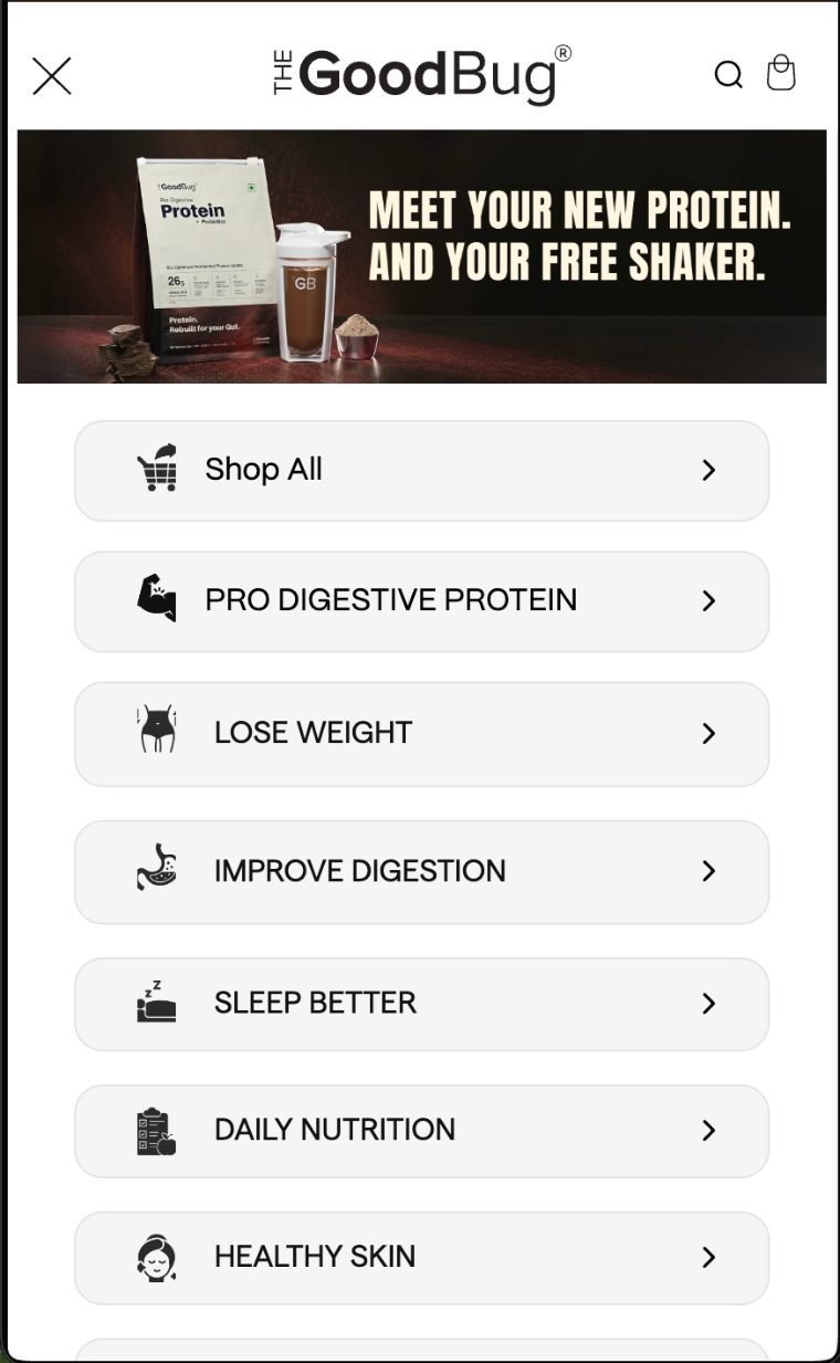 The Good Bug mobile navigation drawer showing large tappable rows labelled Shop All, Pro Digestive Protein, Lose Weight, Improve Digestion, Sleep Better, Daily Nutrition and Healthy Skin