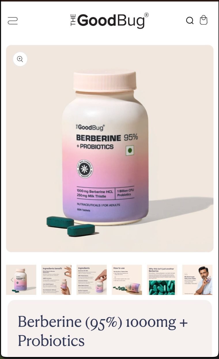 The Good Bug mobile product page for Berberine 95% showing a large product image, a six-thumbnail gallery strip below it and the product title beginning at the bottom of the screen