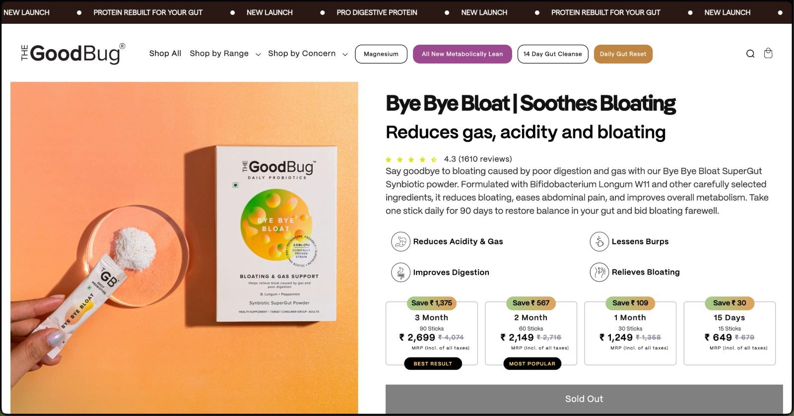 The Good Bug Bye Bye Bloat product page showing four pack options - 3 Month, 2 Month, 1 Month and 15 Days - each with stick count, price, struck-through MRP, a savings badge, and Best Result and Most Popular labels