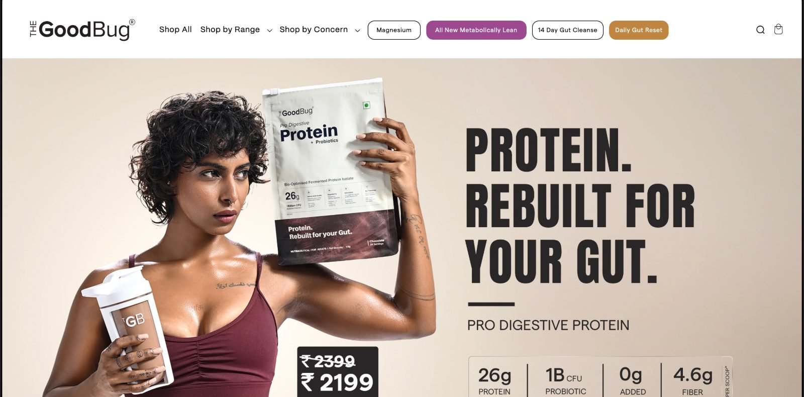 The Good Bug Pro Digestive Protein page hero with oversized type reading Protein Rebuilt For Your Gut, a product pack shot, price and a row of 26g protein, 1B CFU, 0g added sugar and 4.6g fiber stats