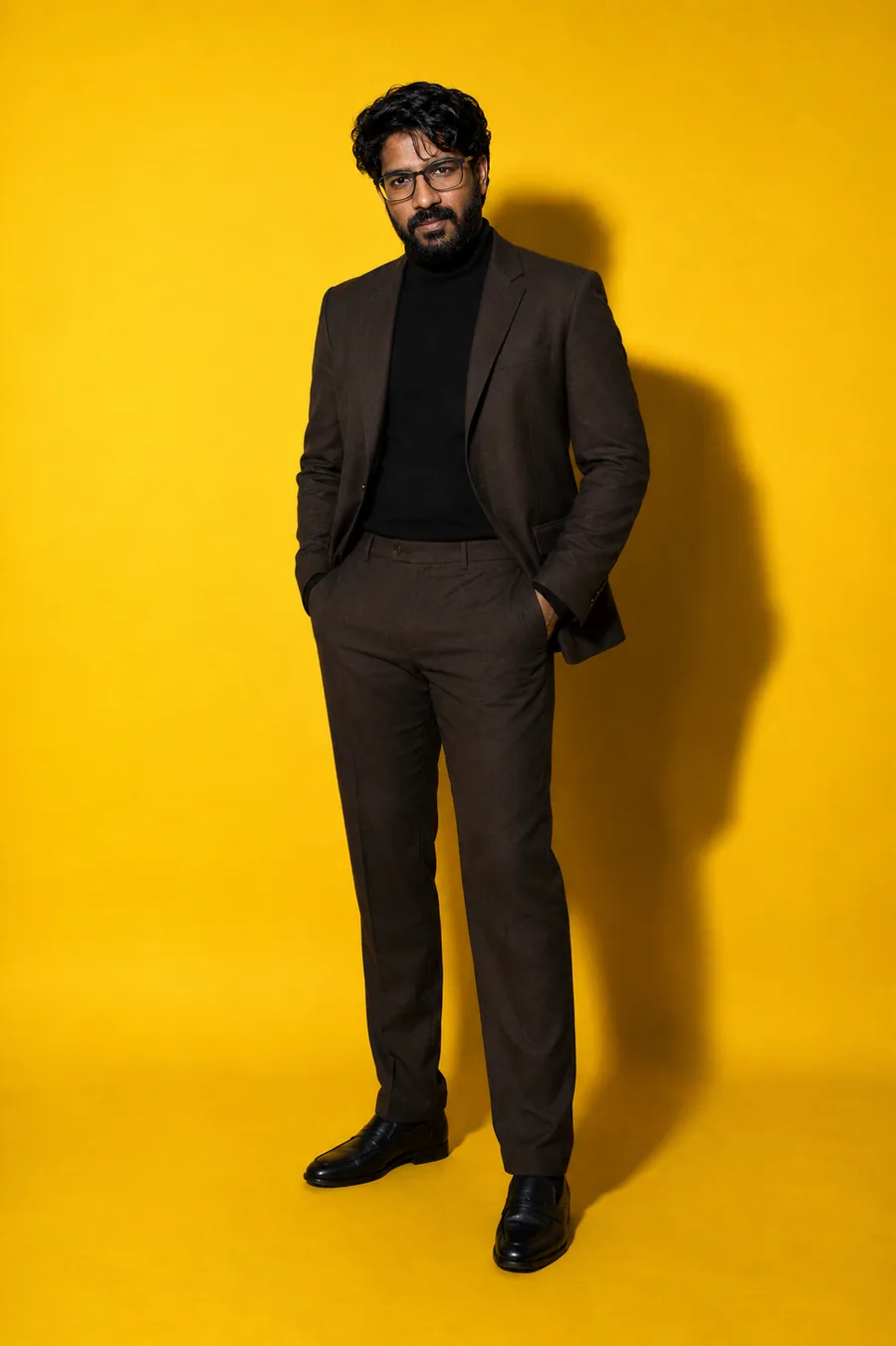 Vishal Pothur, ecommerce growth strategist and founder of Calyx Core, in a brown suit against a yellow backdrop